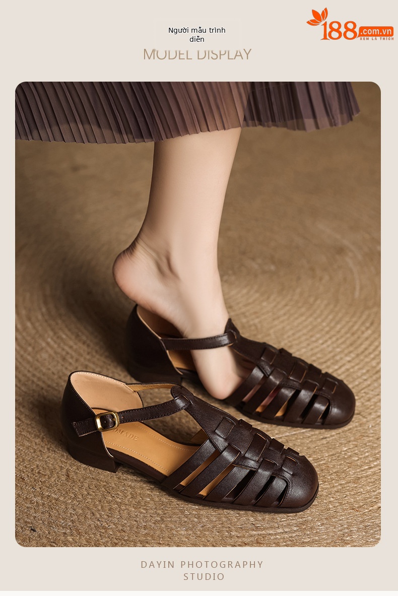 Sandal nữ da bò dệt rỗng quai chữ T phong cách Anh, mũi tròn đế bệt La Mã — màu nâu chi tiết 4