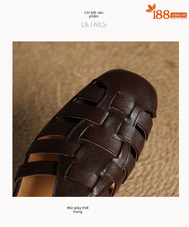 Sandal nữ da bò dệt rỗng quai chữ T phong cách Anh, mũi tròn đế bệt La Mã — màu nâu chi tiết 16