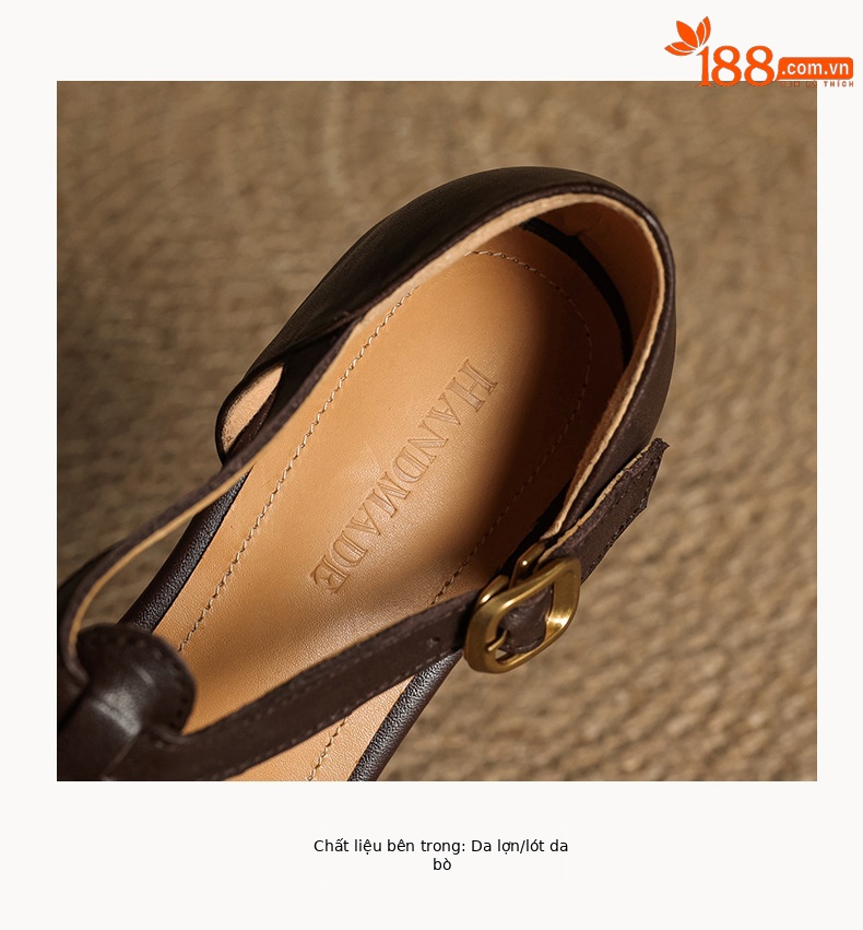 Sandal nữ da bò dệt rỗng quai chữ T phong cách Anh, mũi tròn đế bệt La Mã — màu nâu chi tiết 17