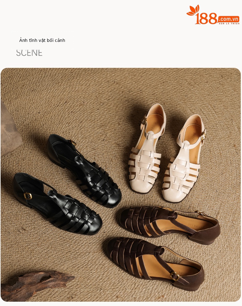 Sandal nữ da bò dệt rỗng quai chữ T phong cách Anh, mũi tròn đế bệt La Mã — màu nâu chi tiết 19