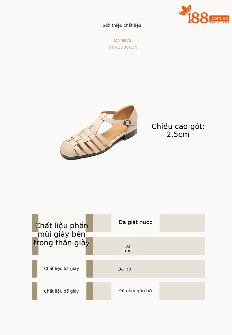 Sandal nữ da bò dệt rỗng quai chữ T phong cách Anh, mũi tròn đế bệt La Mã — màu nâu chi tiết 2
