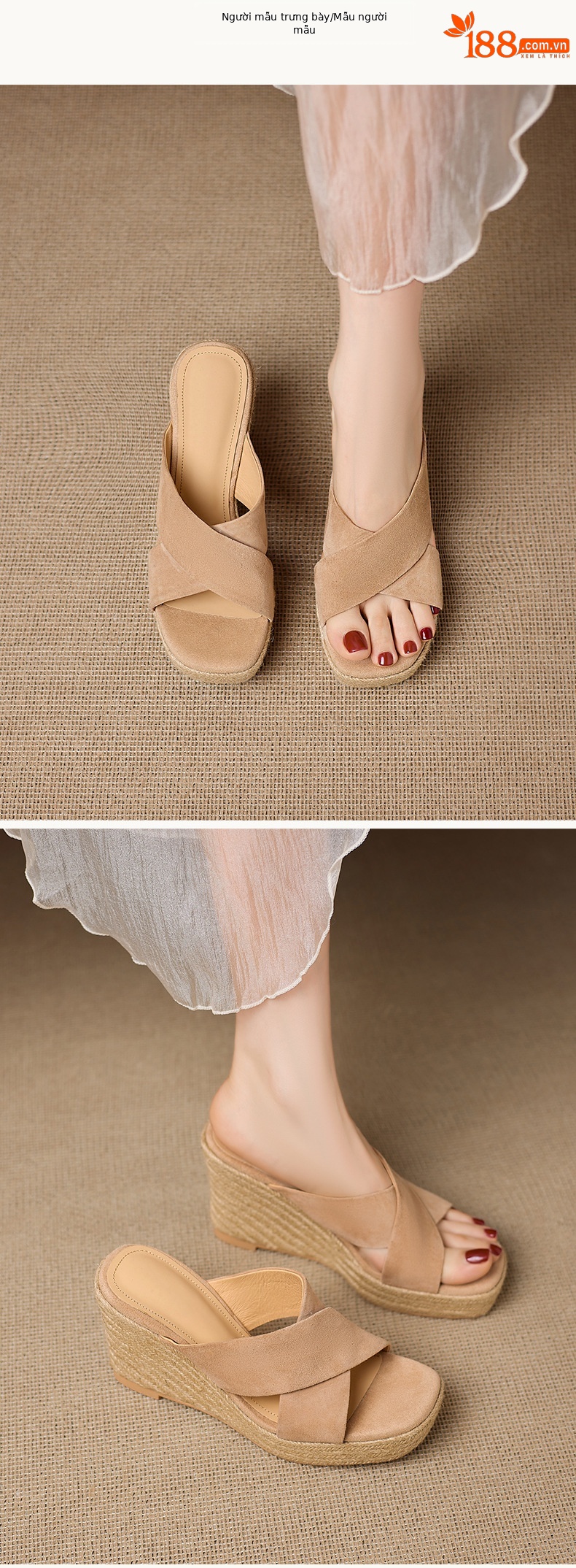 Dép sandal nữ quai chéo đế xuồng bện cói gót cao 5 cm — Da lộn màu hạnh nhân, Da bò thượng hạng màu súng chi tiết 4