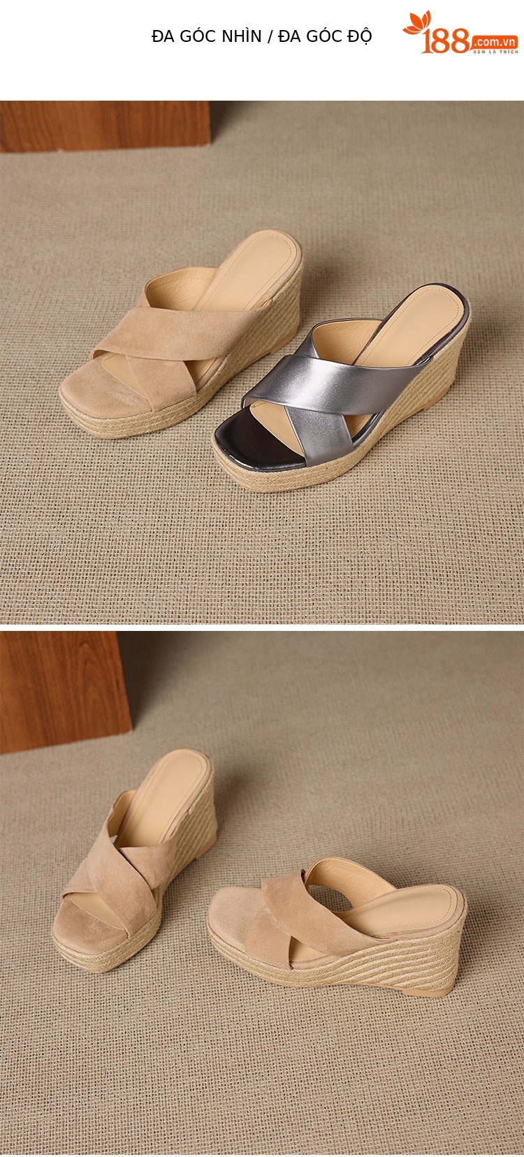 Dép sandal nữ quai chéo đế xuồng bện cói gót cao 5 cm — Da lộn màu hạnh nhân, Da bò thượng hạng màu súng chi tiết 12