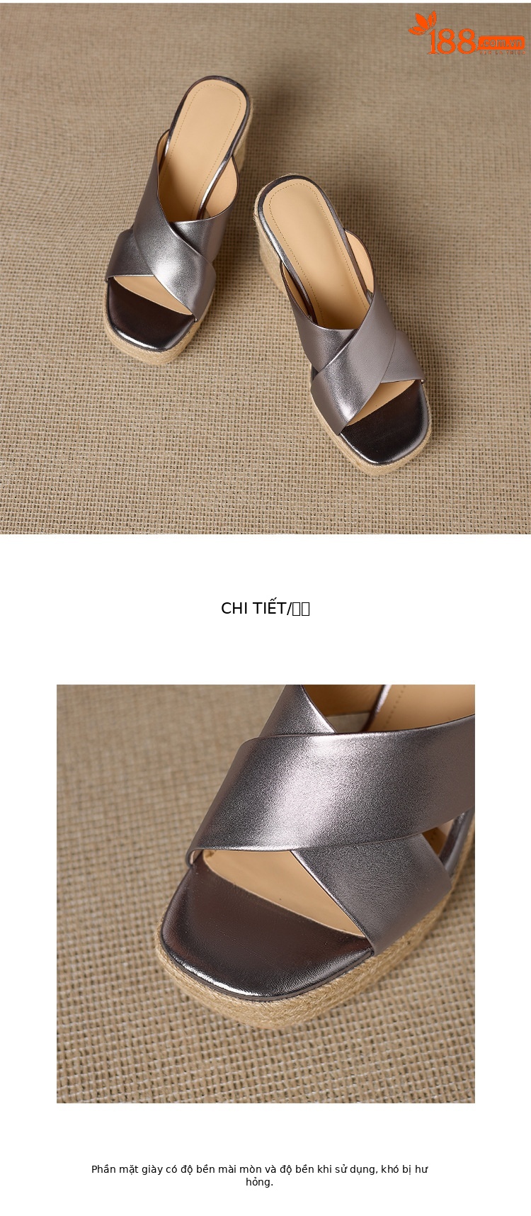 Dép sandal nữ quai chéo đế xuồng bện cói gót cao 5 cm — Da lộn màu hạnh nhân, Da bò thượng hạng màu súng chi tiết 14