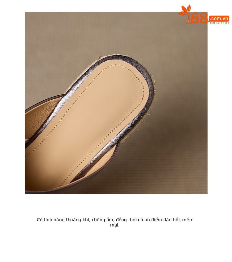 Dép sandal nữ quai chéo đế xuồng bện cói gót cao 5 cm — Da lộn màu hạnh nhân, Da bò thượng hạng màu súng chi tiết 16