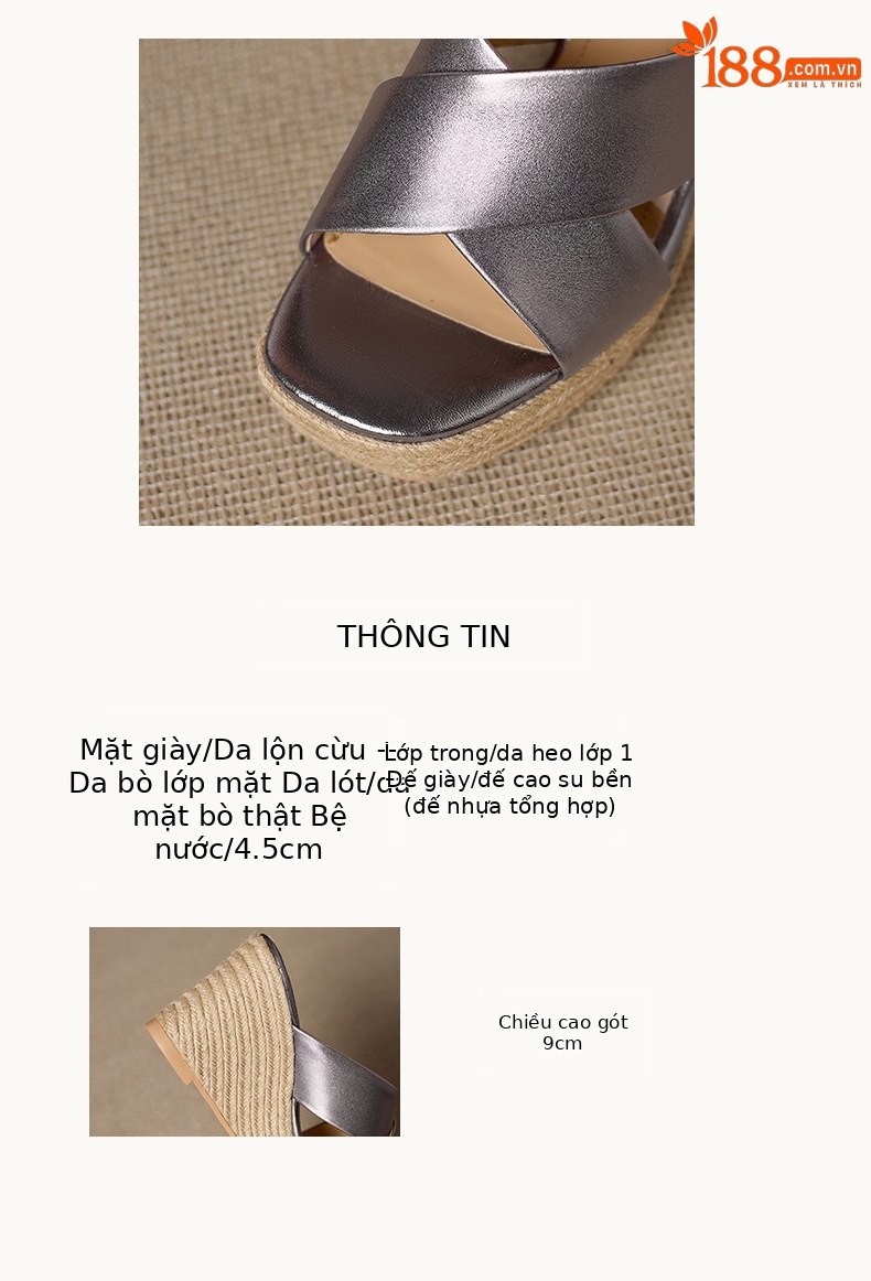 Dép sandal nữ quai chéo đế xuồng bện cói gót cao 5 cm — Da lộn màu hạnh nhân, Da bò thượng hạng màu súng chi tiết 2