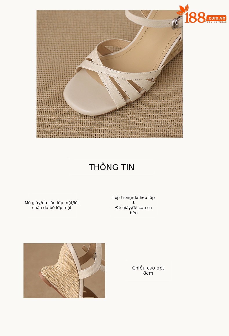 Sandal cao gót nữ hở mũi quai ngang đế xuồng bện cỏ — màu trắng ngà, màu mơ chi tiết 2
