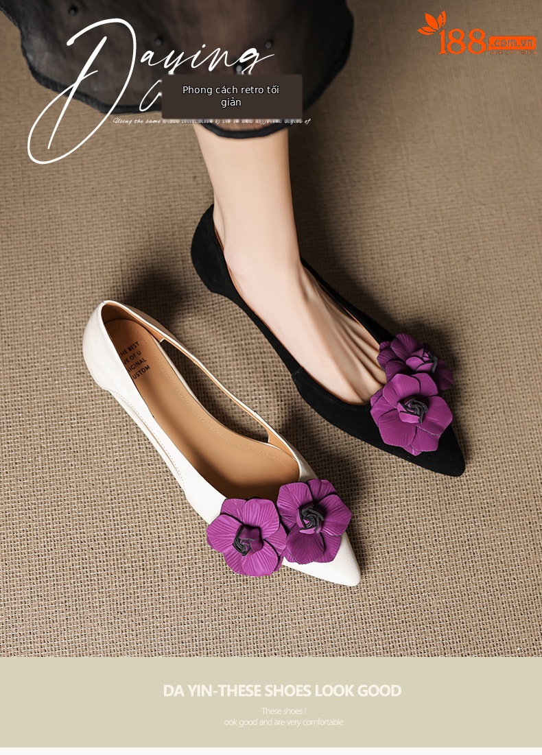 Sandal nữ mũi nhọn đế bệt quai mảnh hở bên hông hoa tím — đen chi tiết 1