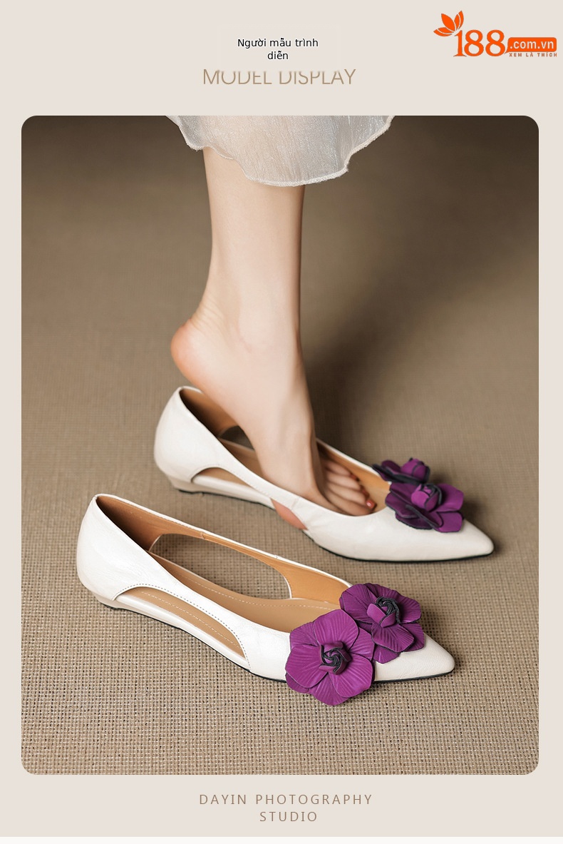 Sandal nữ mũi nhọn đế bệt quai mảnh hở bên hông hoa tím — đen chi tiết 8