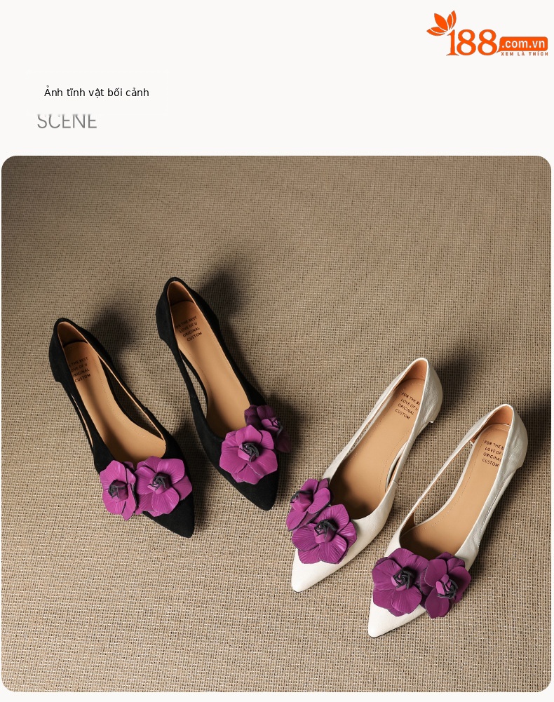 Sandal nữ mũi nhọn đế bệt quai mảnh hở bên hông hoa tím — đen chi tiết 21