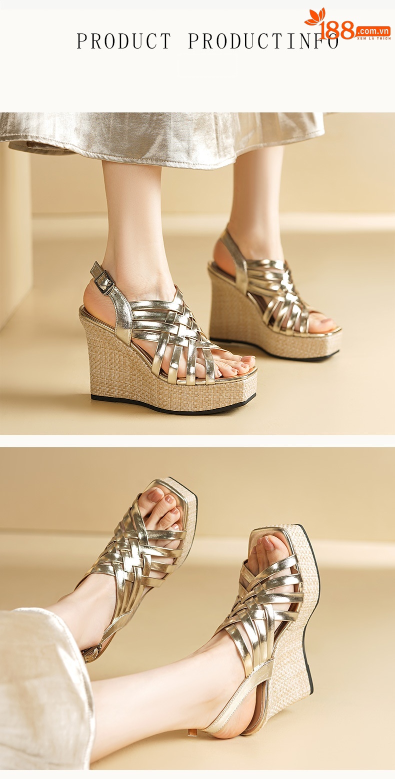 Sandal cao gót nữ đế xuồng dệt chéo quai ngang, gót 11 cm — màu vàng chi tiết 3