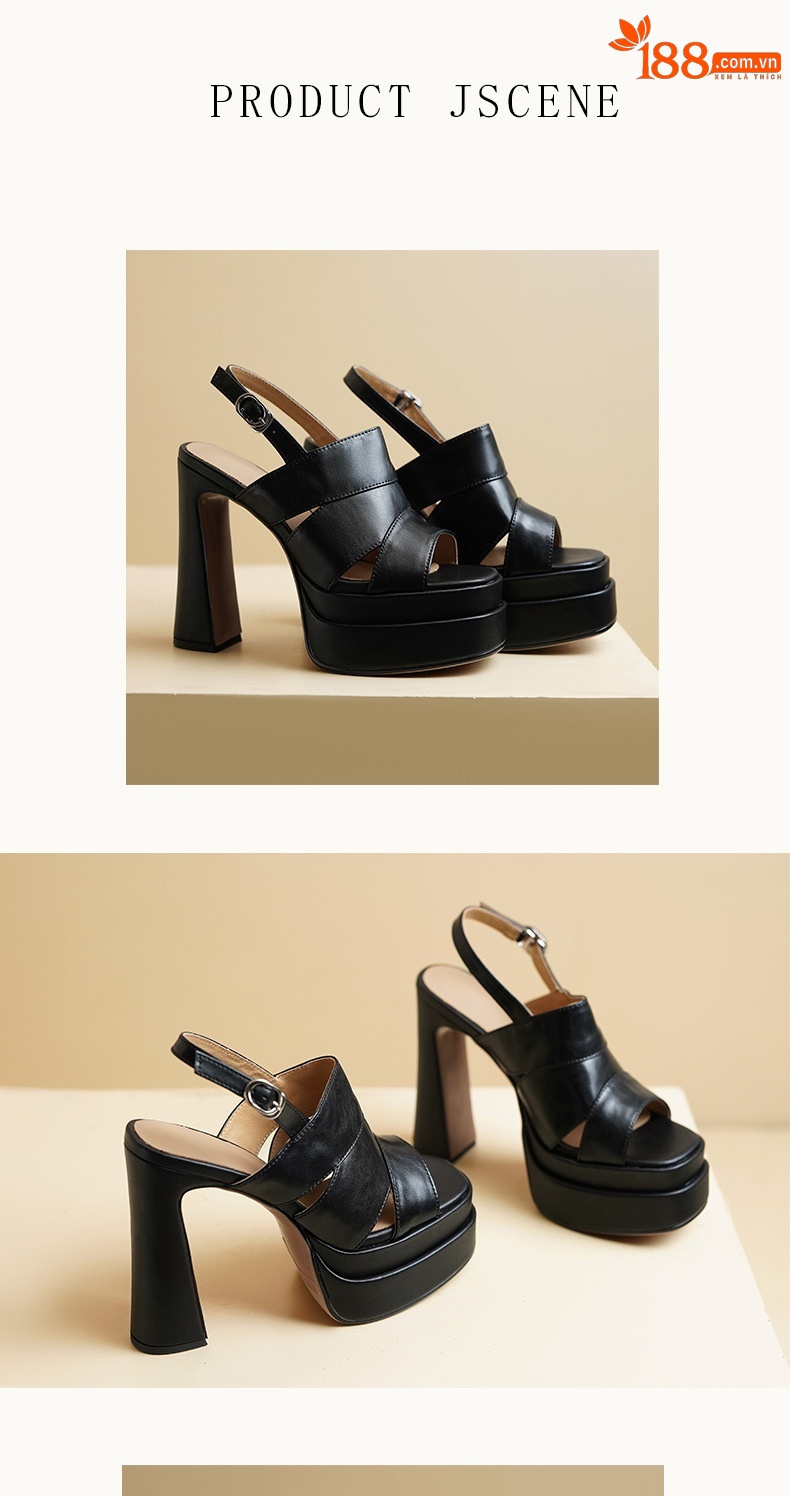 Giày sandal cao gót nữ hở mũi đế dày da dê quai một chữ gót vuông phong cách Âu Mỹ — đen chi tiết 7