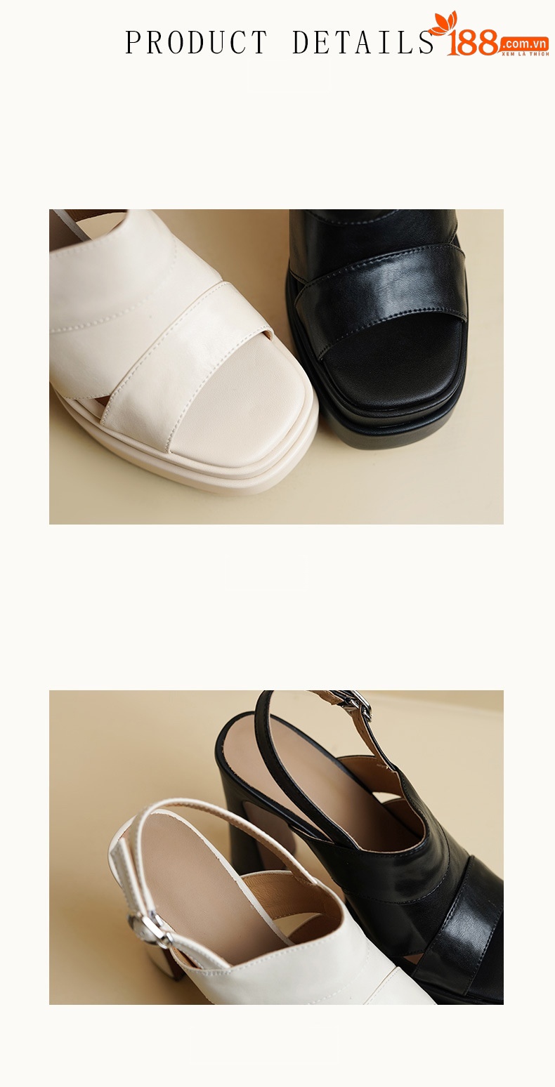 Giày sandal cao gót nữ hở mũi đế dày da dê quai một chữ gót vuông phong cách Âu Mỹ — đen chi tiết 10
