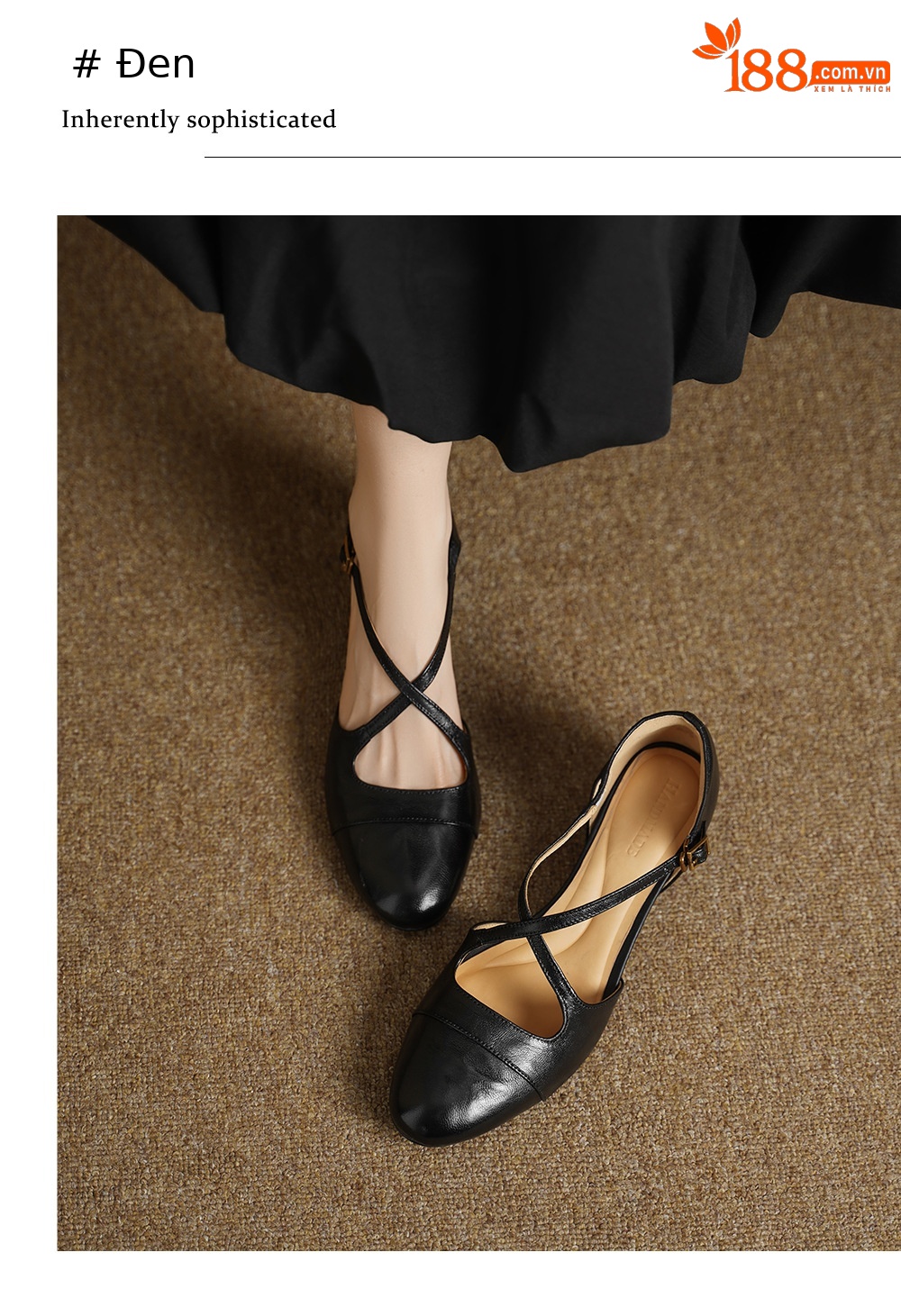Giày sandal cao gót nữ quai ngang mũi nhọn da dê, gót vuông ổn định — đen chi tiết 4