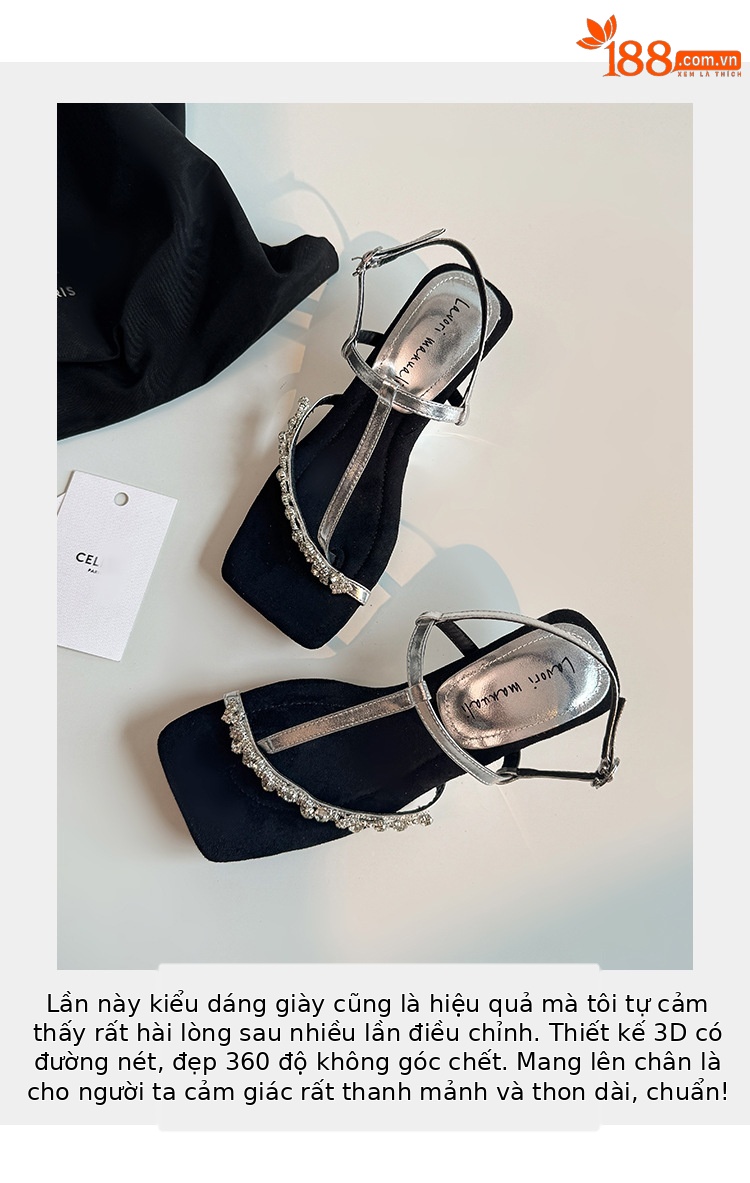 Sandal cao gót nữ mũi vuông hở ngón, quai ngang đính đá, gót dị hình — màu vàng, bạc chi tiết 3