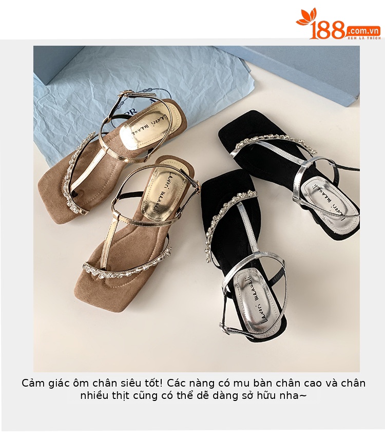 Sandal cao gót nữ mũi vuông hở ngón, quai ngang đính đá, gót dị hình — màu vàng, bạc chi tiết 4