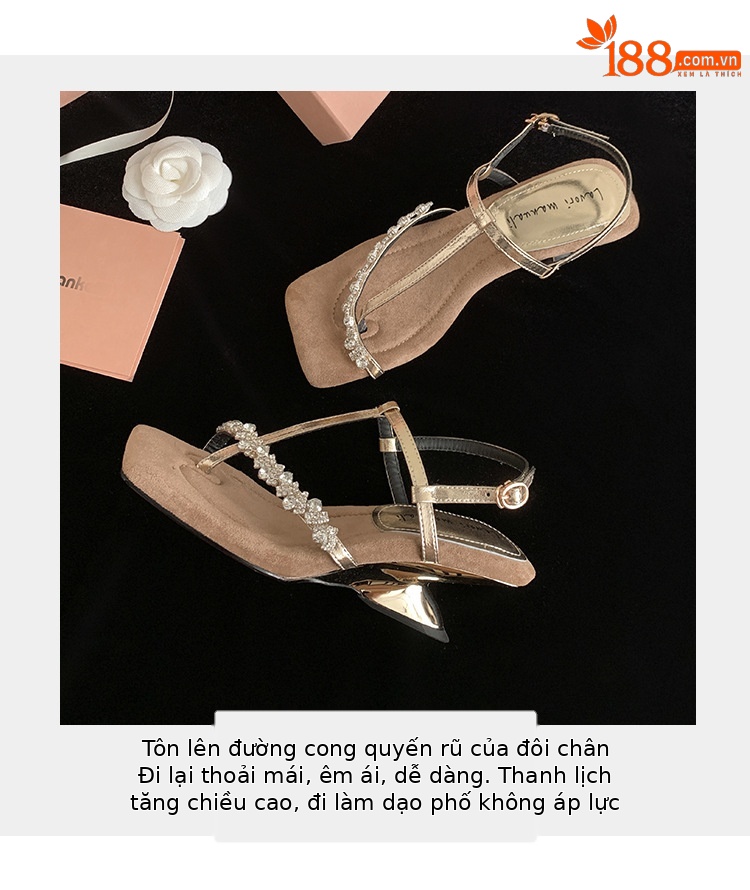 Sandal cao gót nữ mũi vuông hở ngón, quai ngang đính đá, gót dị hình — màu vàng, bạc chi tiết 6