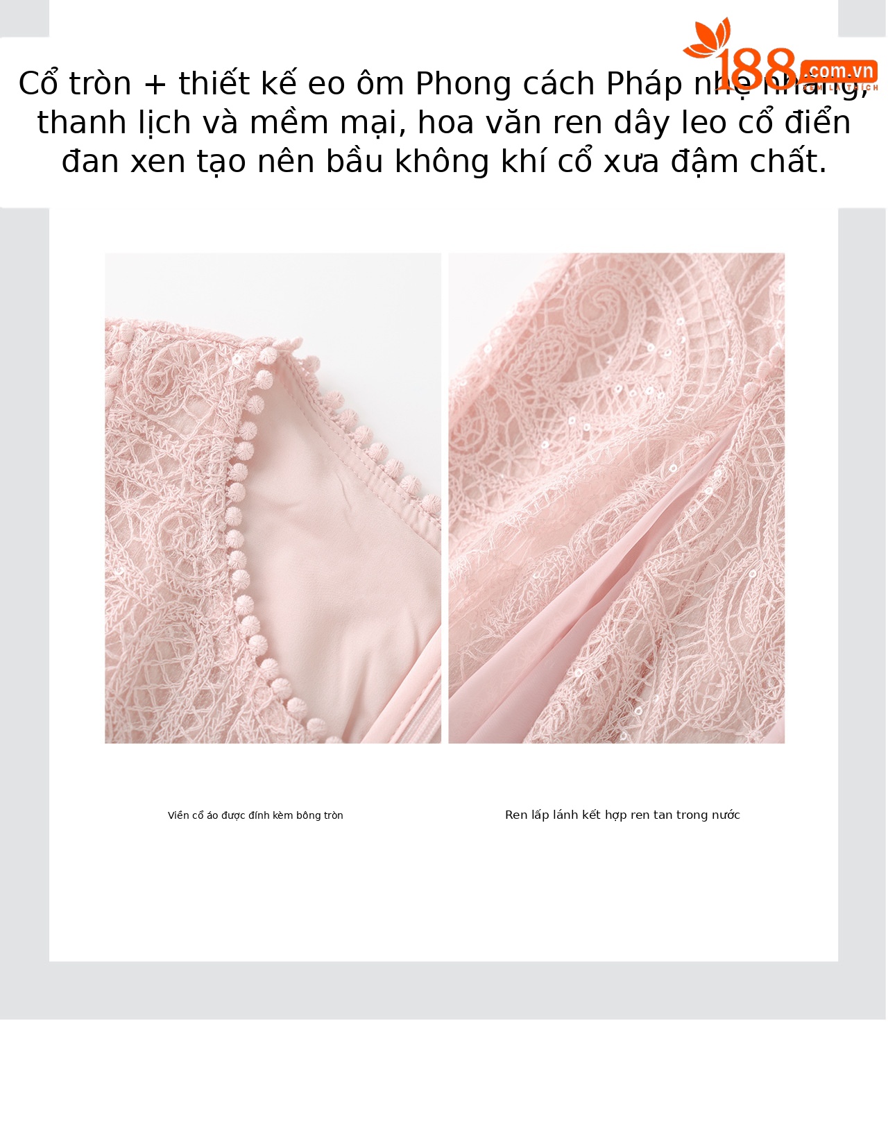 Đầm ren tay ngắn thắt eo phong cách Pháp thanh lịch — màu hồng chi tiết 9