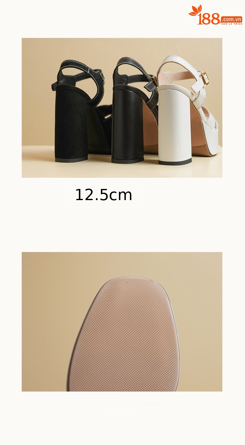 Sandal cao gót nữ hở mũi quai ngang một chữ, gót thô đế dày 12.5 cm — Da bò trắng gạo chi tiết 17