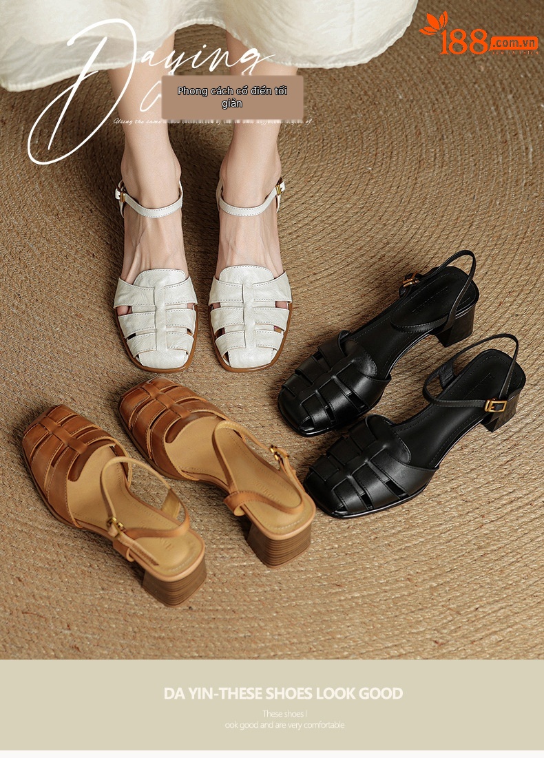 Sandal cao gót nữ quai ngang mũi kín da cừu dệt rỗng phong cách vintage — đen chi tiết 1