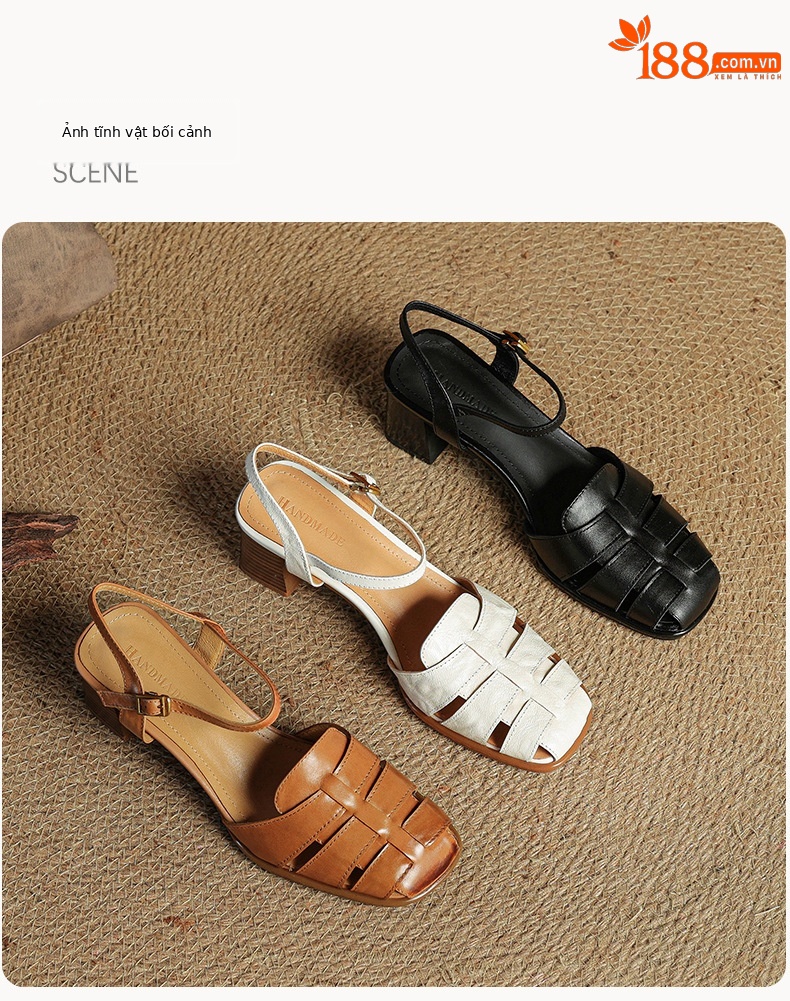 Sandal cao gót nữ quai ngang mũi kín da cừu dệt rỗng phong cách vintage — đen chi tiết 23