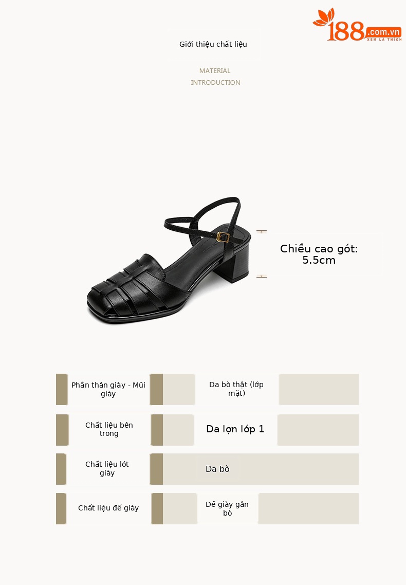 Sandal cao gót nữ quai ngang mũi kín da cừu dệt rỗng phong cách vintage — đen chi tiết 3