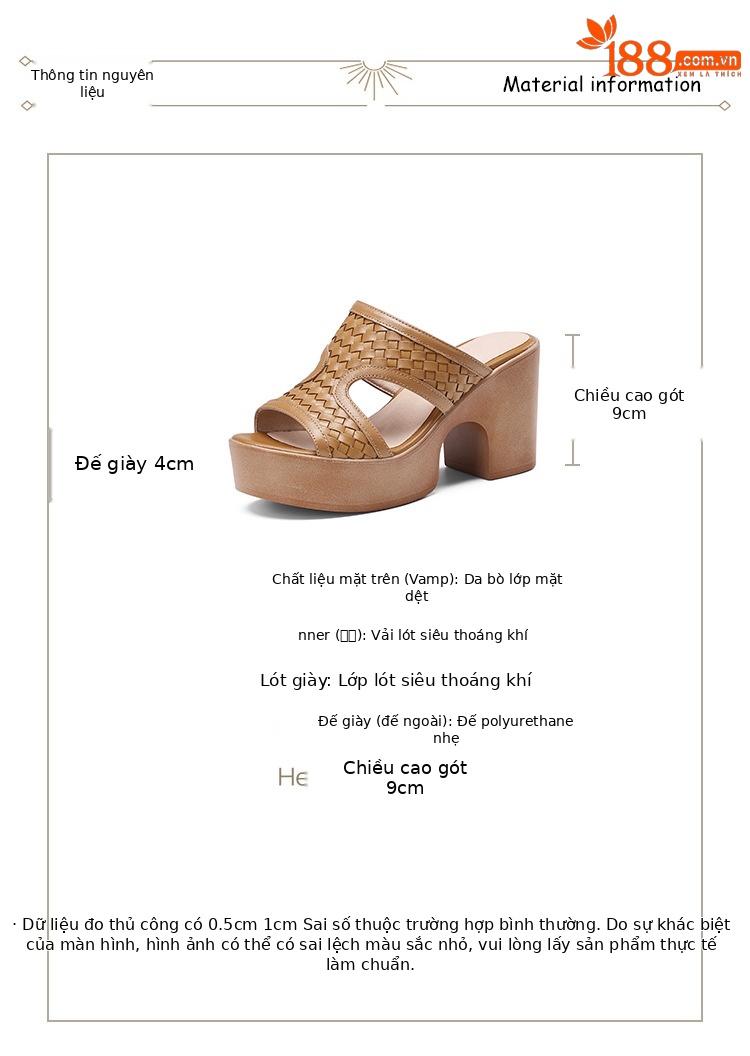 Sandal cao gót nữ đế platform đan chéo da thật gót 9 cm hở mũi — màu nâu, màu đen chi tiết 2