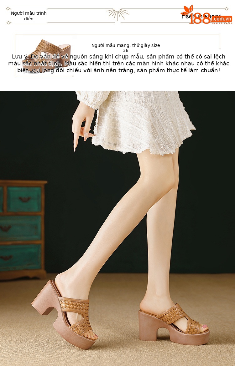 Sandal cao gót nữ đế platform đan chéo da thật gót 9 cm hở mũi — màu nâu, màu đen chi tiết 4