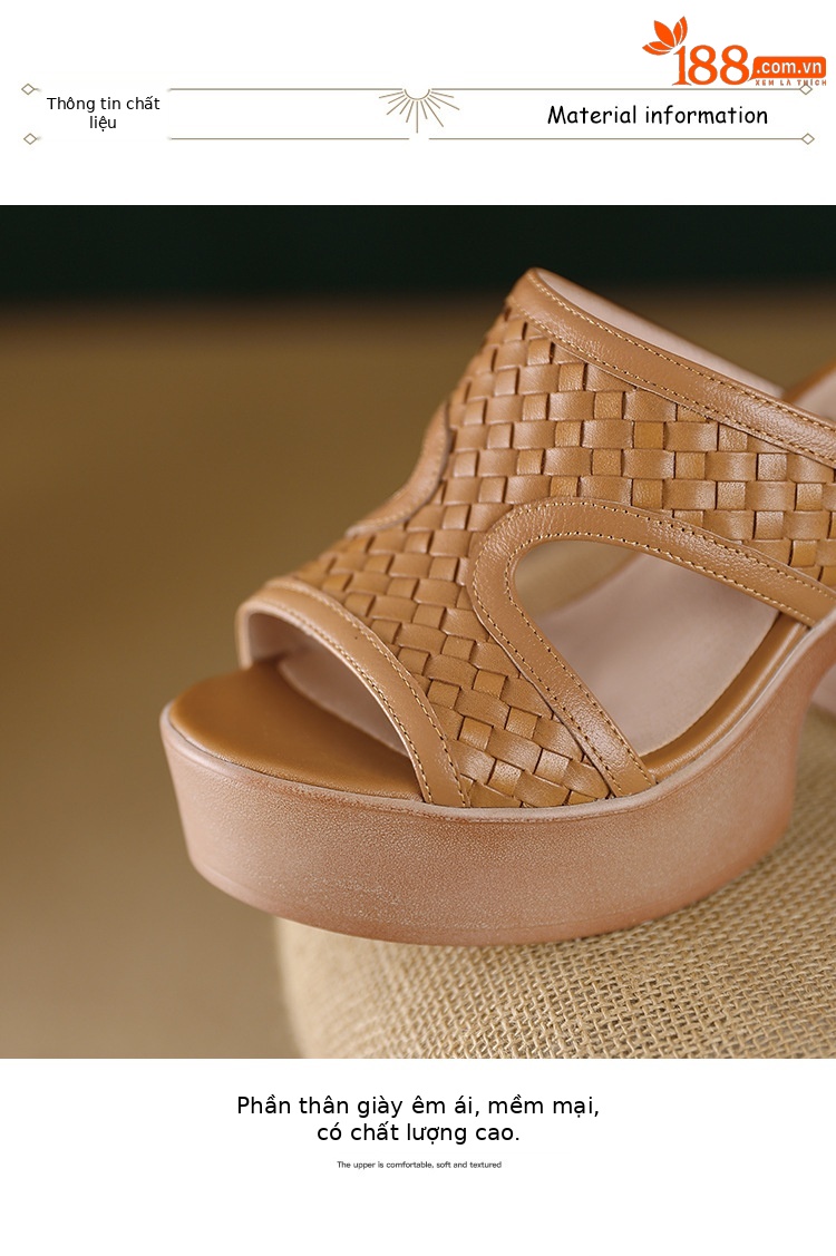 Sandal cao gót nữ đế platform đan chéo da thật gót 9 cm hở mũi — màu nâu, màu đen chi tiết 16