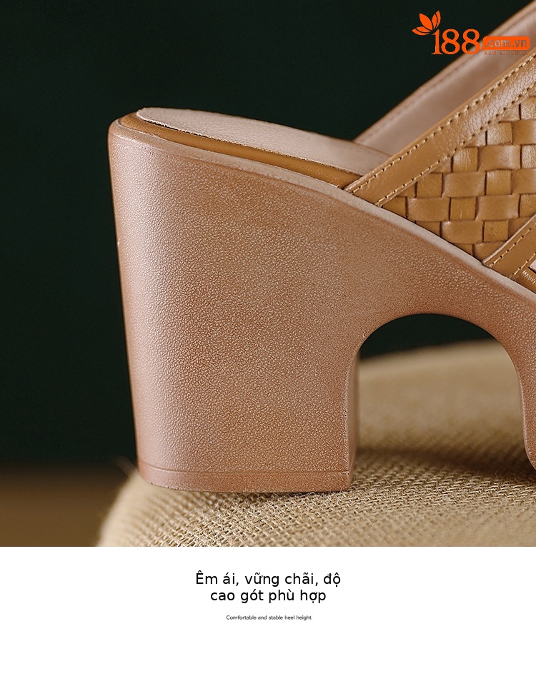 Sandal cao gót nữ đế platform đan chéo da thật gót 9 cm hở mũi — màu nâu, màu đen chi tiết 17