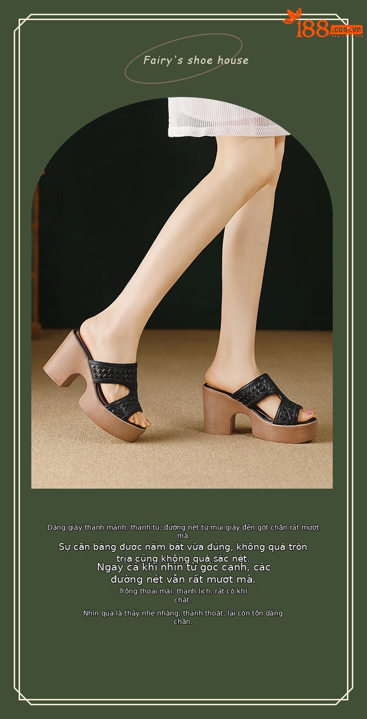 Sandal cao gót nữ đế platform đan chéo da thật gót 9 cm hở mũi — màu nâu, màu đen chi tiết 1