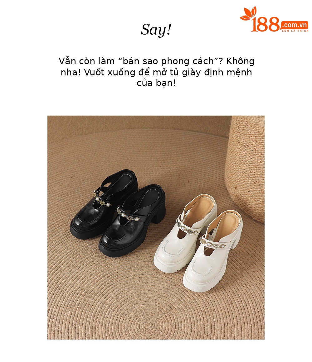 Mule nữ da bò bít mũi đế dày gót cao 9 cm khóa kim loại — màu đen, màu trắng ngà chi tiết 2
