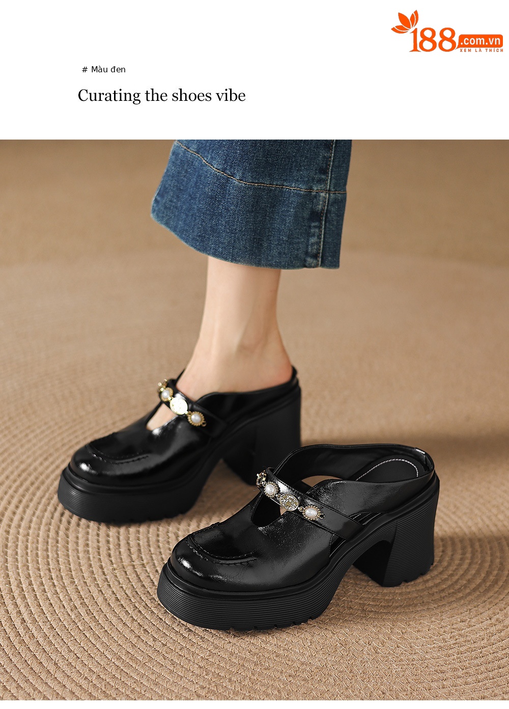 Mule nữ da bò bít mũi đế dày gót cao 9 cm khóa kim loại — màu đen, màu trắng ngà chi tiết 10