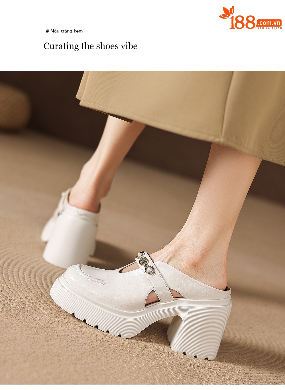 Mule nữ da bò bít mũi đế dày gót cao 9 cm khóa kim loại — màu đen, màu trắng ngà chi tiết 16