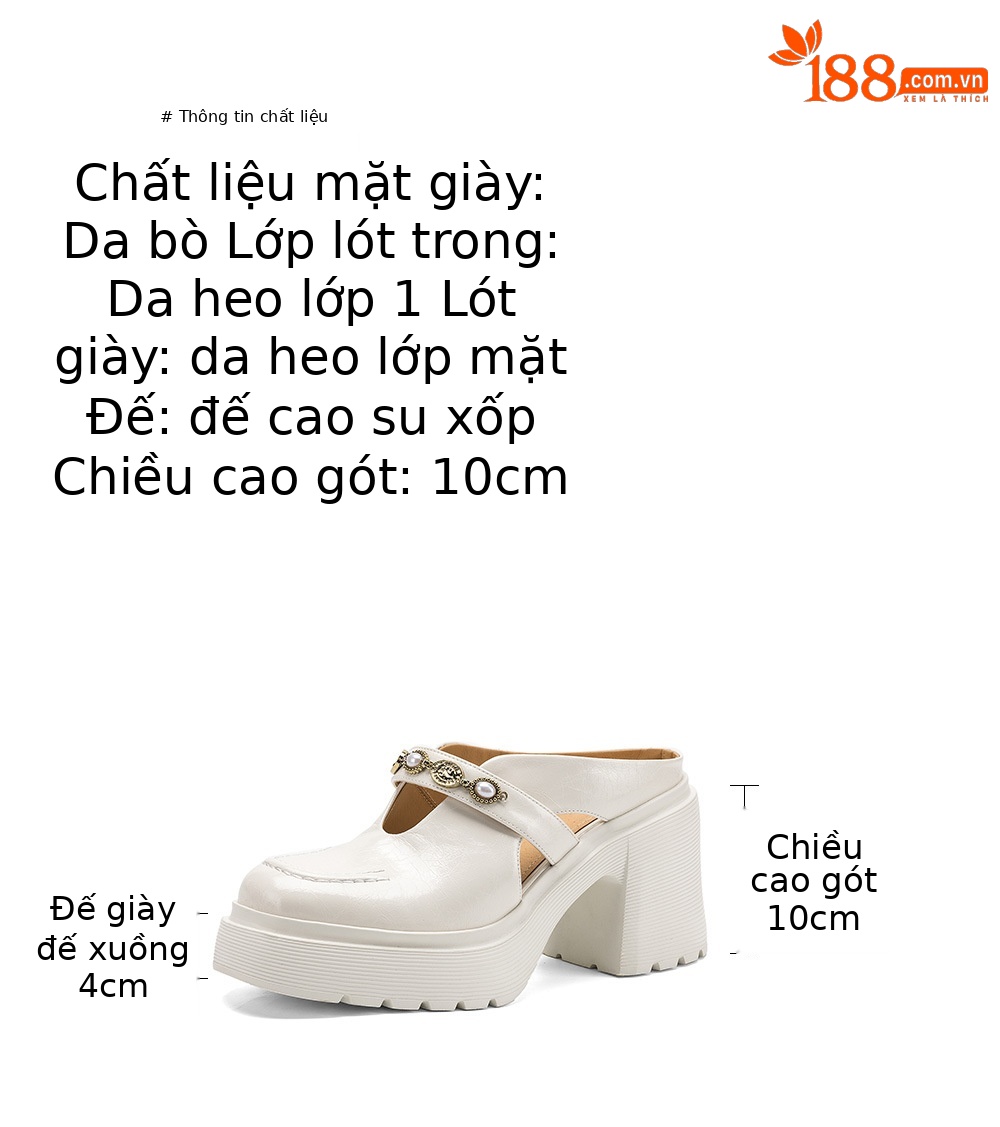 Mule nữ da bò bít mũi đế dày gót cao 9 cm khóa kim loại — màu đen, màu trắng ngà chi tiết 3