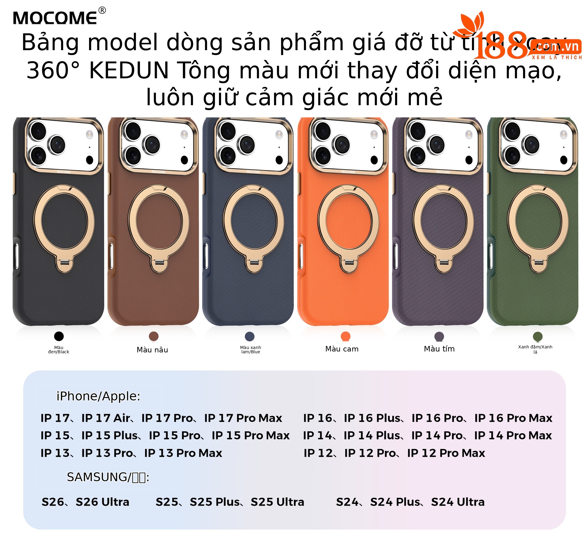 Ốp lưng da iPhone 16/17 Pro Max có vòng xoay 360 độ, nam châm hút, chống sốc viền dày — Đen, Nâu, Tím, Xanh dương chi tiết 1
