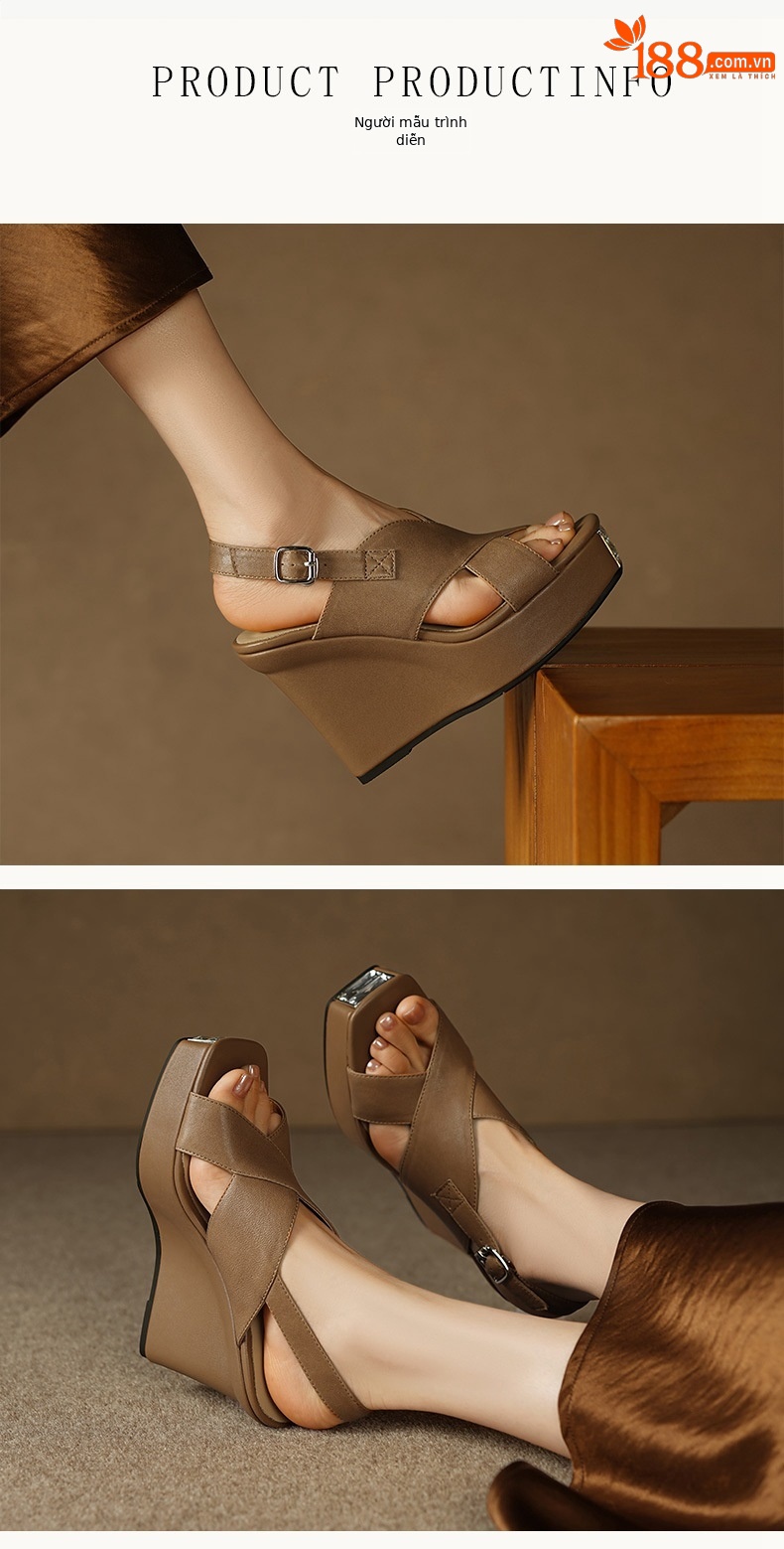 Sandal cao gót nữ hở mũi da cừu đế dày 10 cm, phong cách hiện đại — đen chi tiết 1