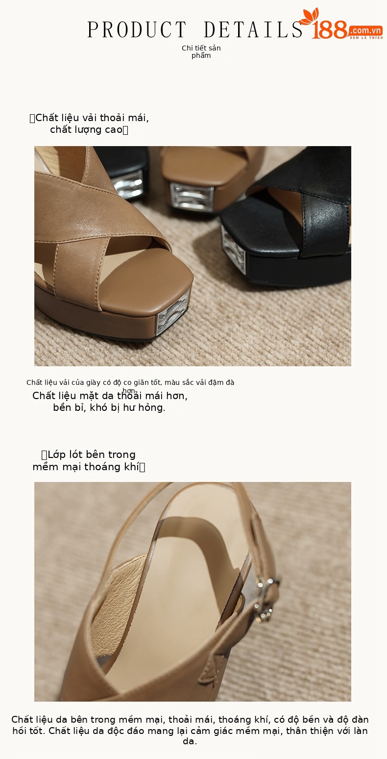 Sandal cao gót nữ hở mũi da cừu đế dày 10 cm, phong cách hiện đại — đen chi tiết 6