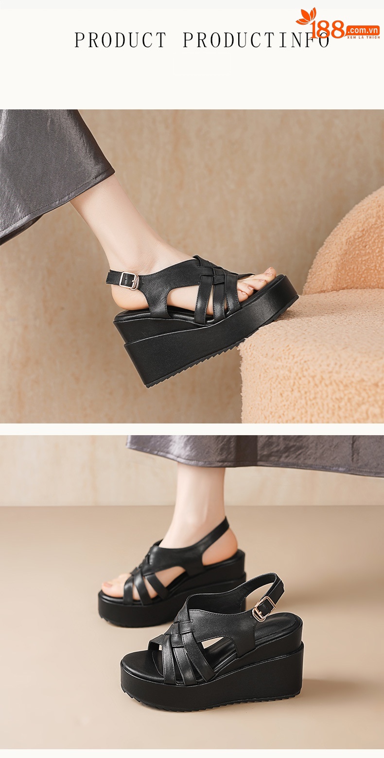 Sandal cao gót nữ hở mũi quai khóa, đế xuồng dệt da bò, gót 10 cm — Da bò trắng gạo chi tiết 1