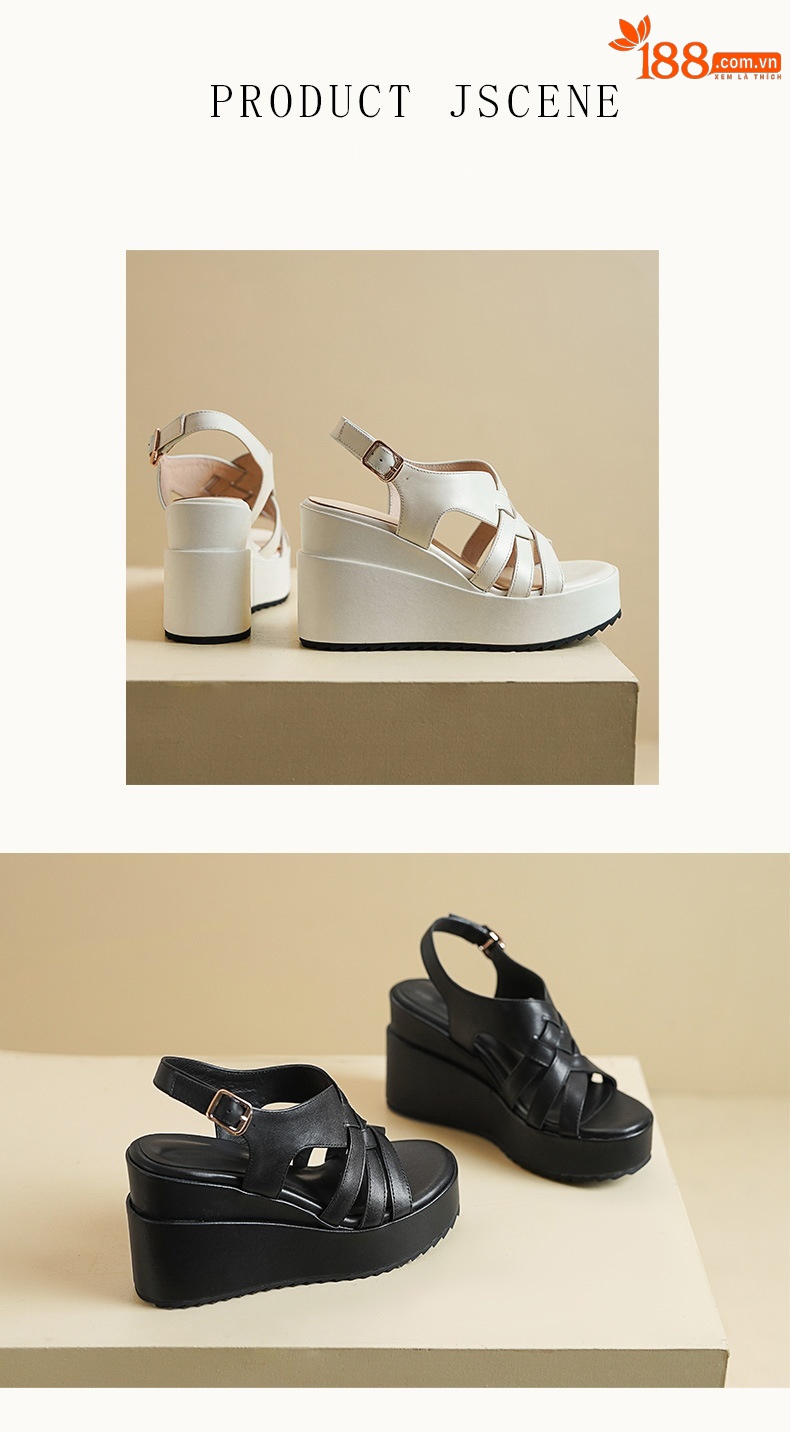 Sandal cao gót nữ hở mũi quai khóa, đế xuồng dệt da bò, gót 10 cm — Da bò trắng gạo chi tiết 4