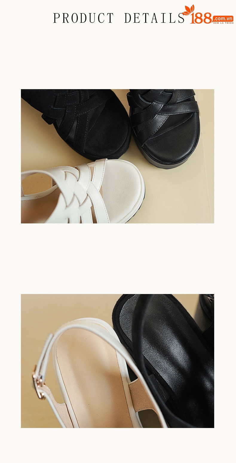 Sandal cao gót nữ hở mũi quai khóa, đế xuồng dệt da bò, gót 10 cm — Da bò trắng gạo chi tiết 6