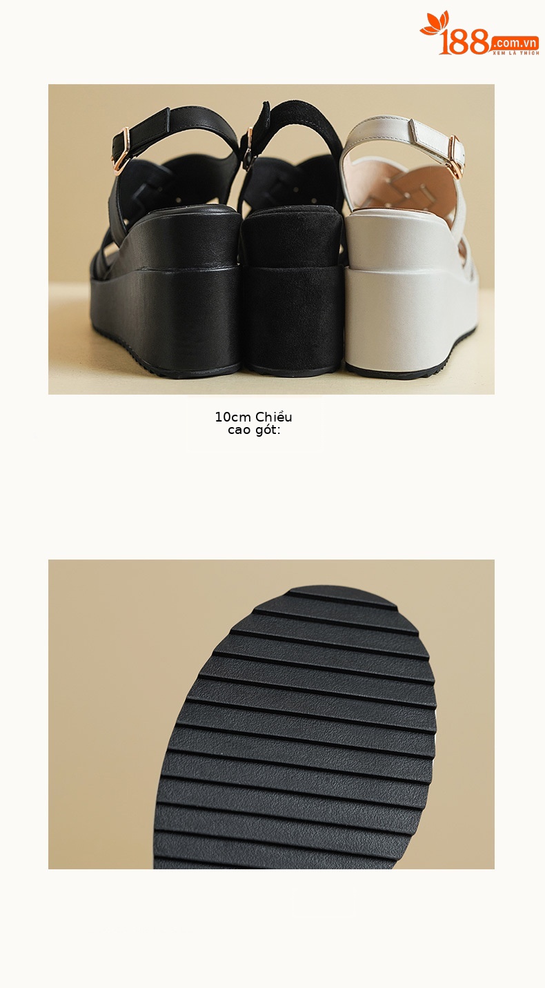 Sandal cao gót nữ hở mũi quai khóa, đế xuồng dệt da bò, gót 10 cm — Da bò trắng gạo chi tiết 7