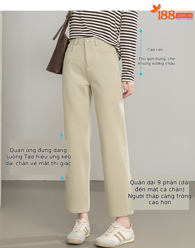 Quần jean nữ ống rộng cạp cao phong cách phục cổ — xanh lam chi tiết 4