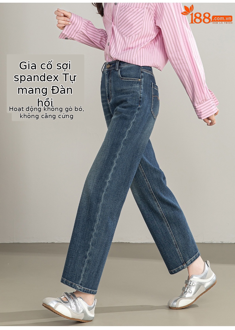 Quần jean nữ ống rộng cạp cao phong cách phục cổ — xanh lam chi tiết 11