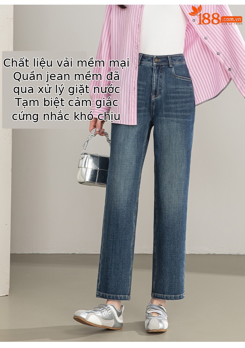 Quần jean nữ ống rộng cạp cao phong cách phục cổ — xanh lam chi tiết 13