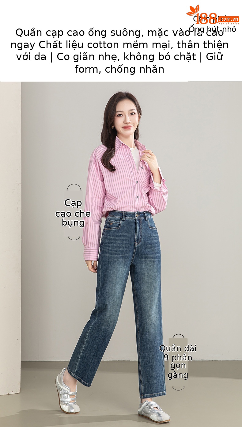 Quần jean nữ ống rộng cạp cao phong cách phục cổ — xanh lam chi tiết 1