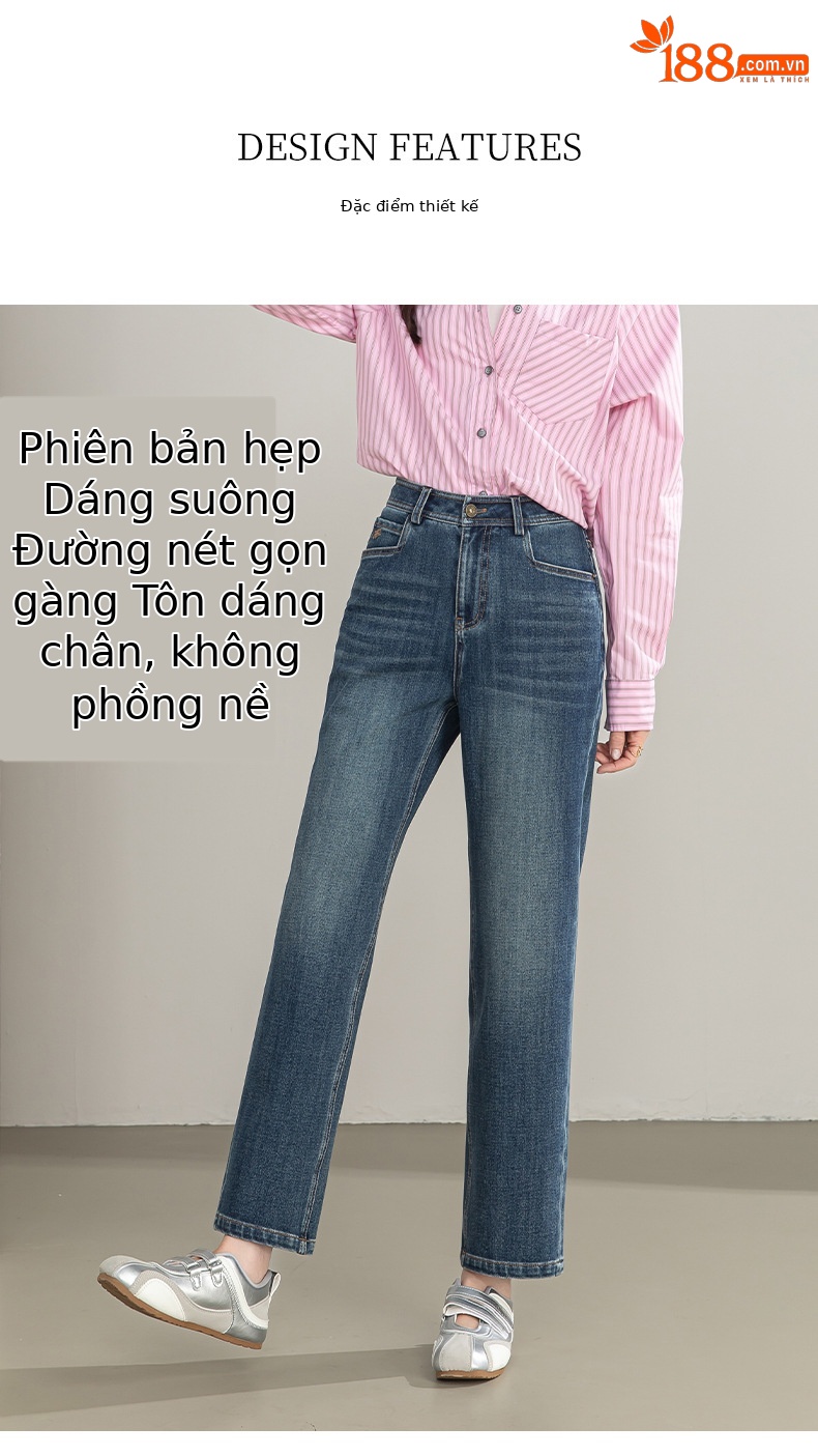 Quần jean nữ ống rộng cạp cao phong cách phục cổ — xanh lam chi tiết 7