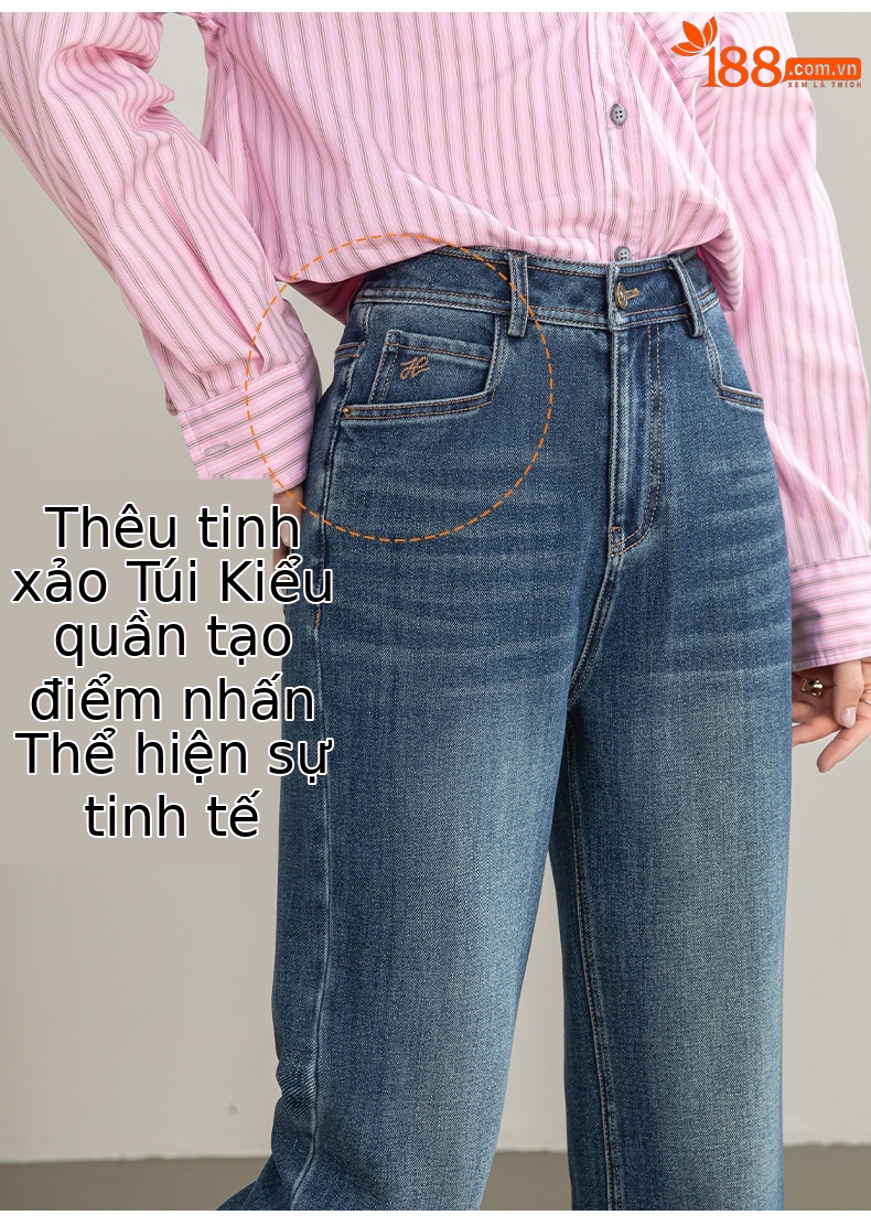 Quần jean nữ ống rộng cạp cao phong cách phục cổ — xanh lam chi tiết 9