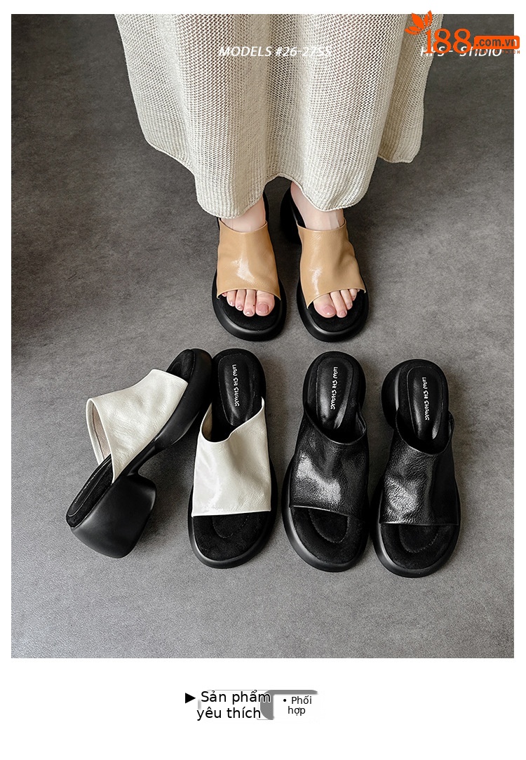 Dép lê nữ da cừu đế dày 7 cm, sandal hở mũi tăng chiều cao — đen chi tiết 5