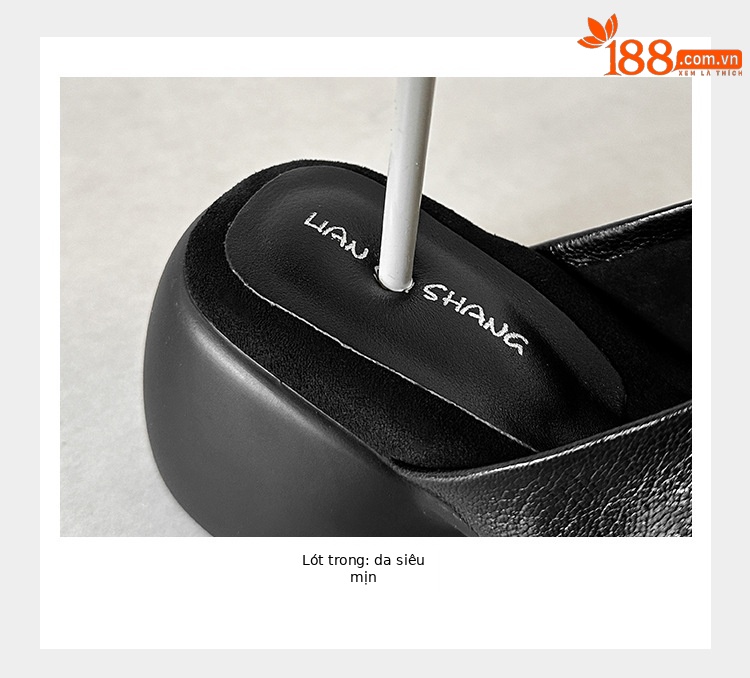 Dép lê nữ da cừu đế dày 7 cm, sandal hở mũi tăng chiều cao — đen chi tiết 8